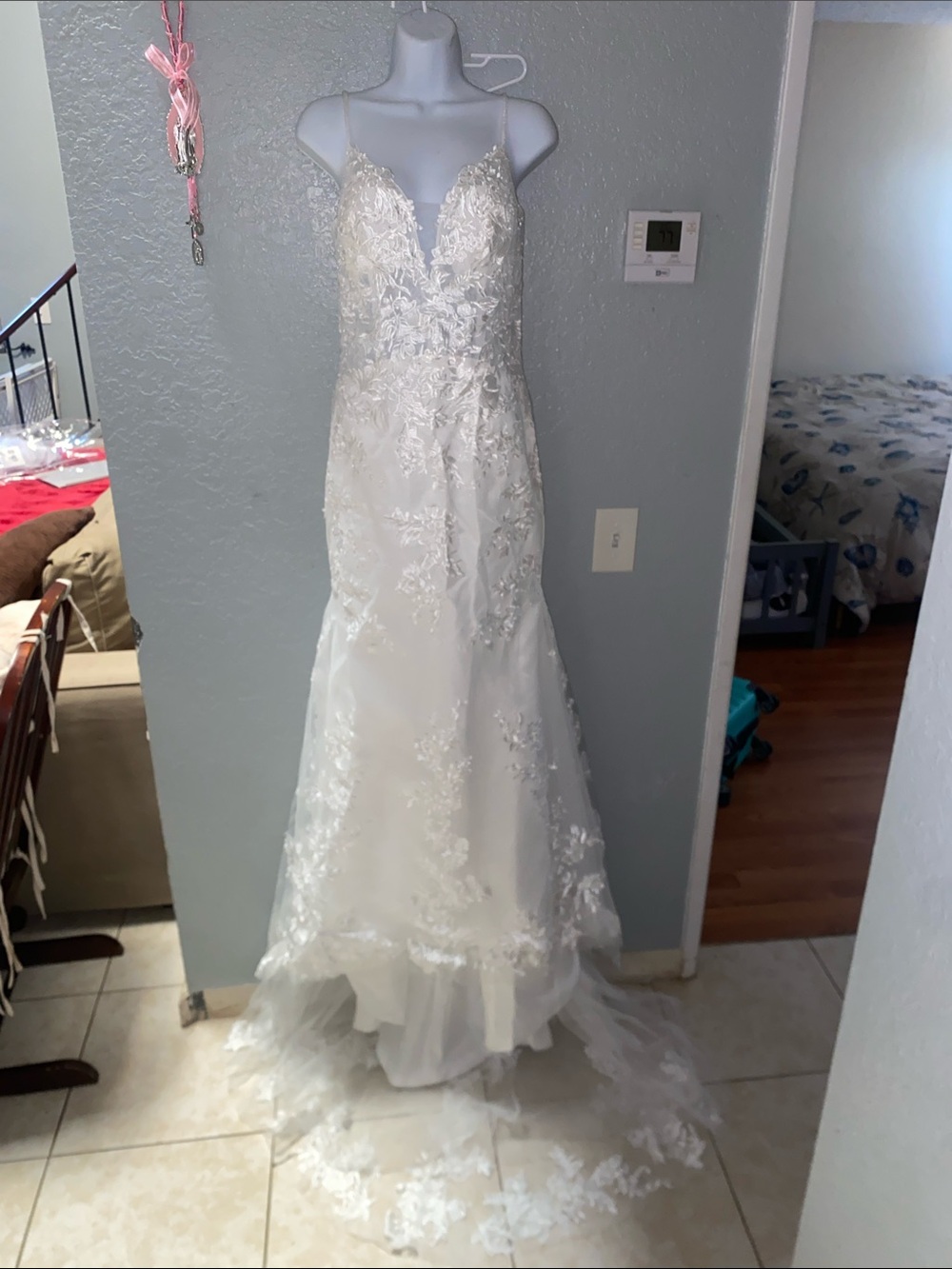 Lace Appliqué Spaghetti Strap Wedding Dress -